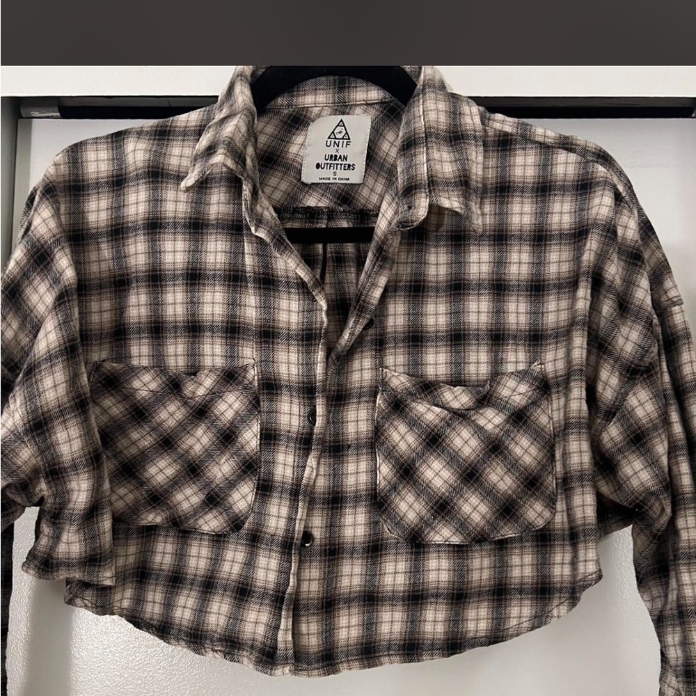 Urban Outfitters Black and Cream Plaid Cropped Shirt